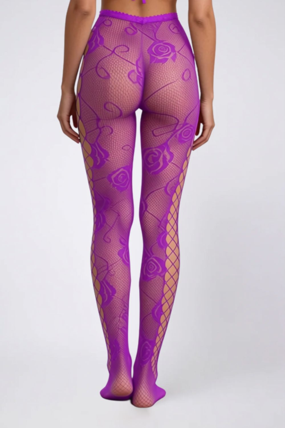 Model wearing floral fishnet with side cutouts tights in purple, alternate view