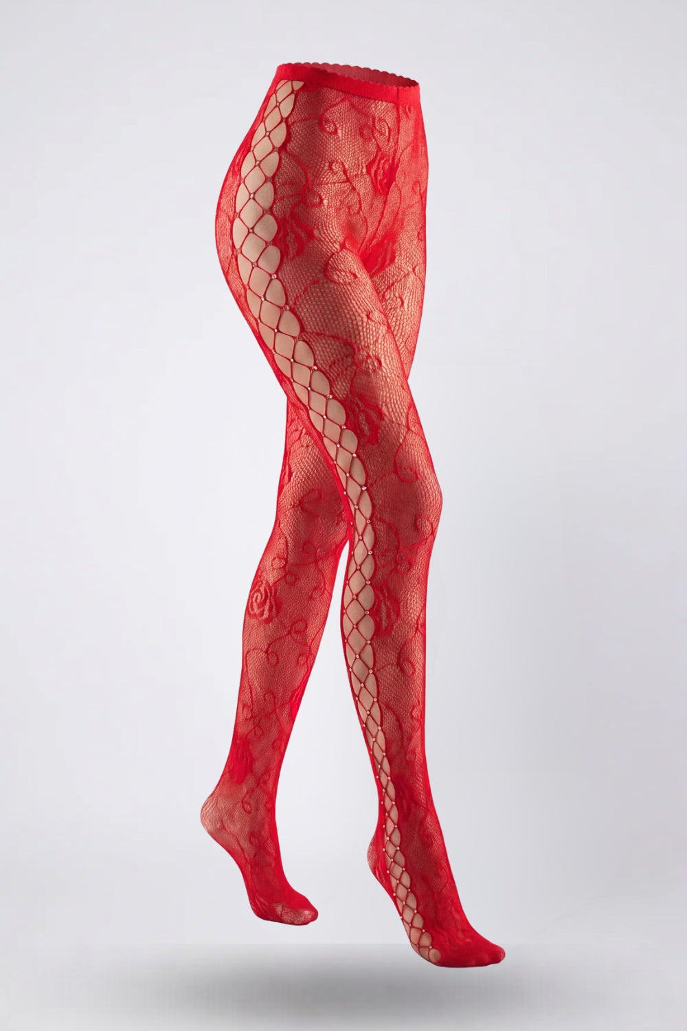 Floral fishnet with side cutouts tights in red