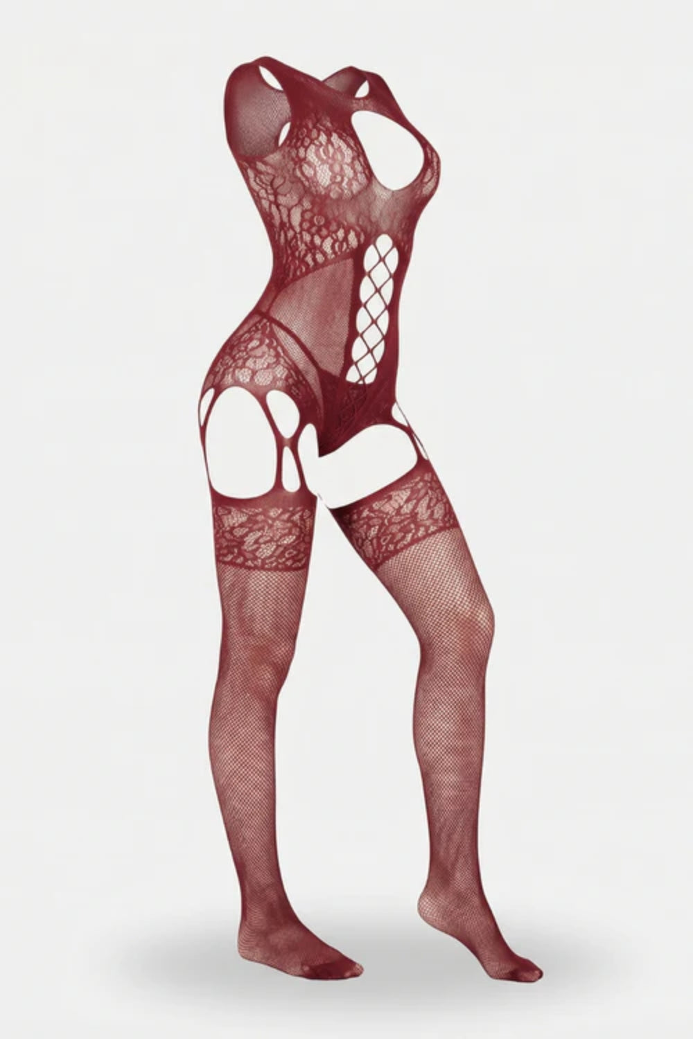 Floral lace cutout full bodystocking in burgundy #Color_Burgundy