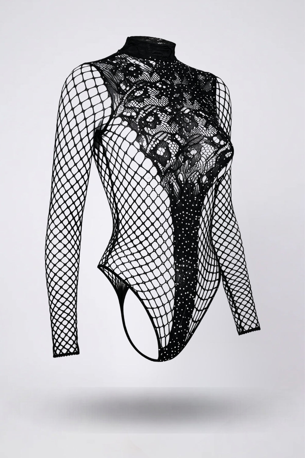 High-neck fishnet detail teddy bodysuit in black