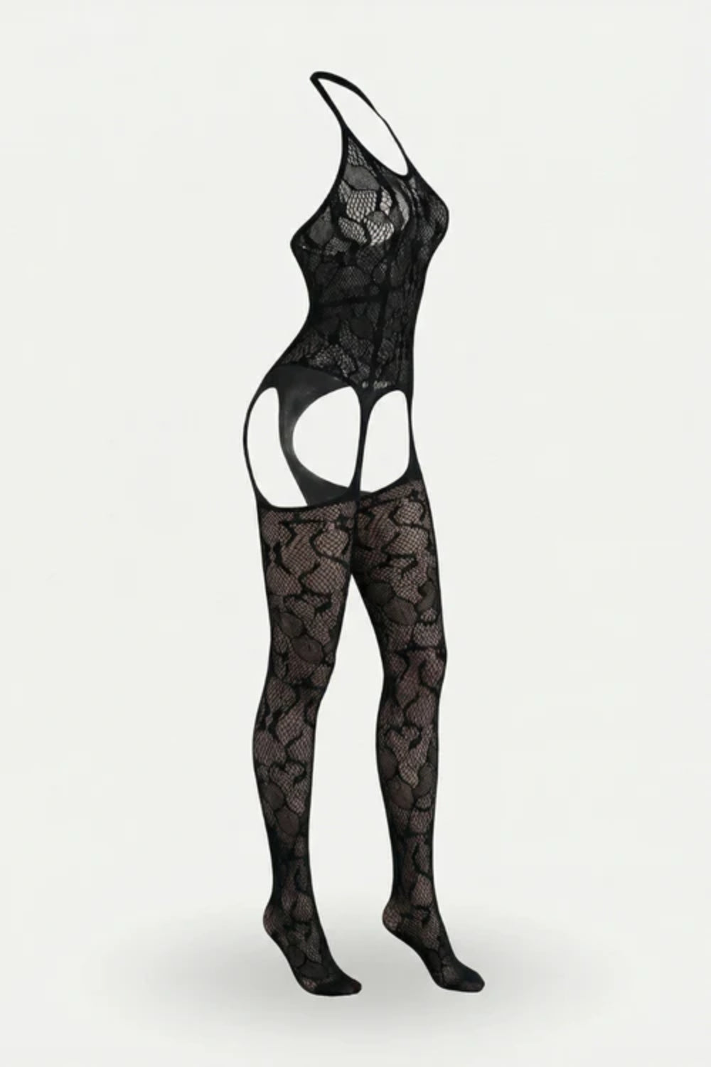 Lace open-back silhouette full bodystocking in black#Color_Black