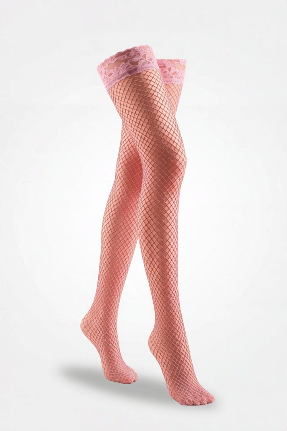 Lace-top fishnet thigh-high stockings in pink