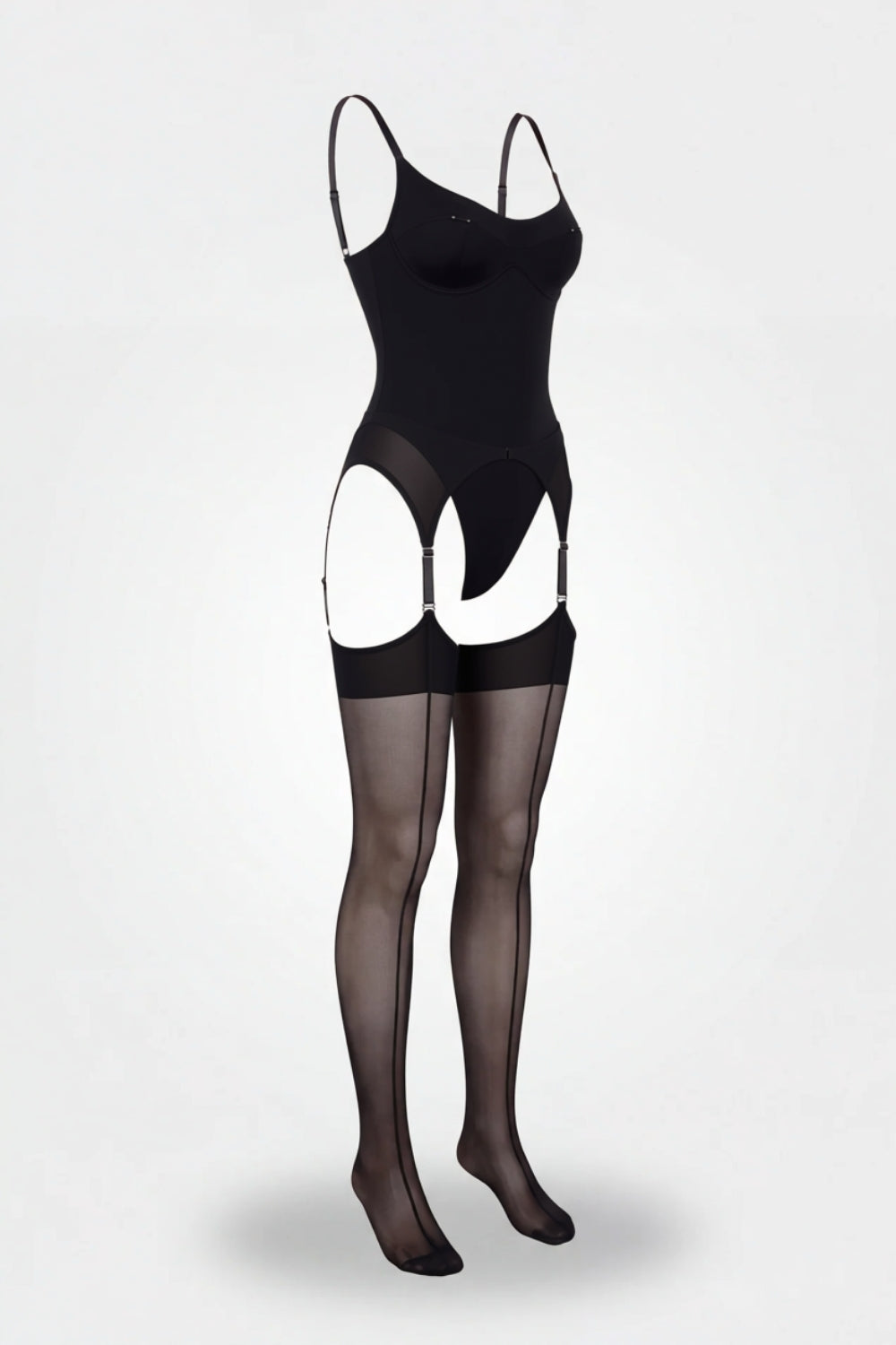 Satin-look mesh with garter straps bodysuit set in black