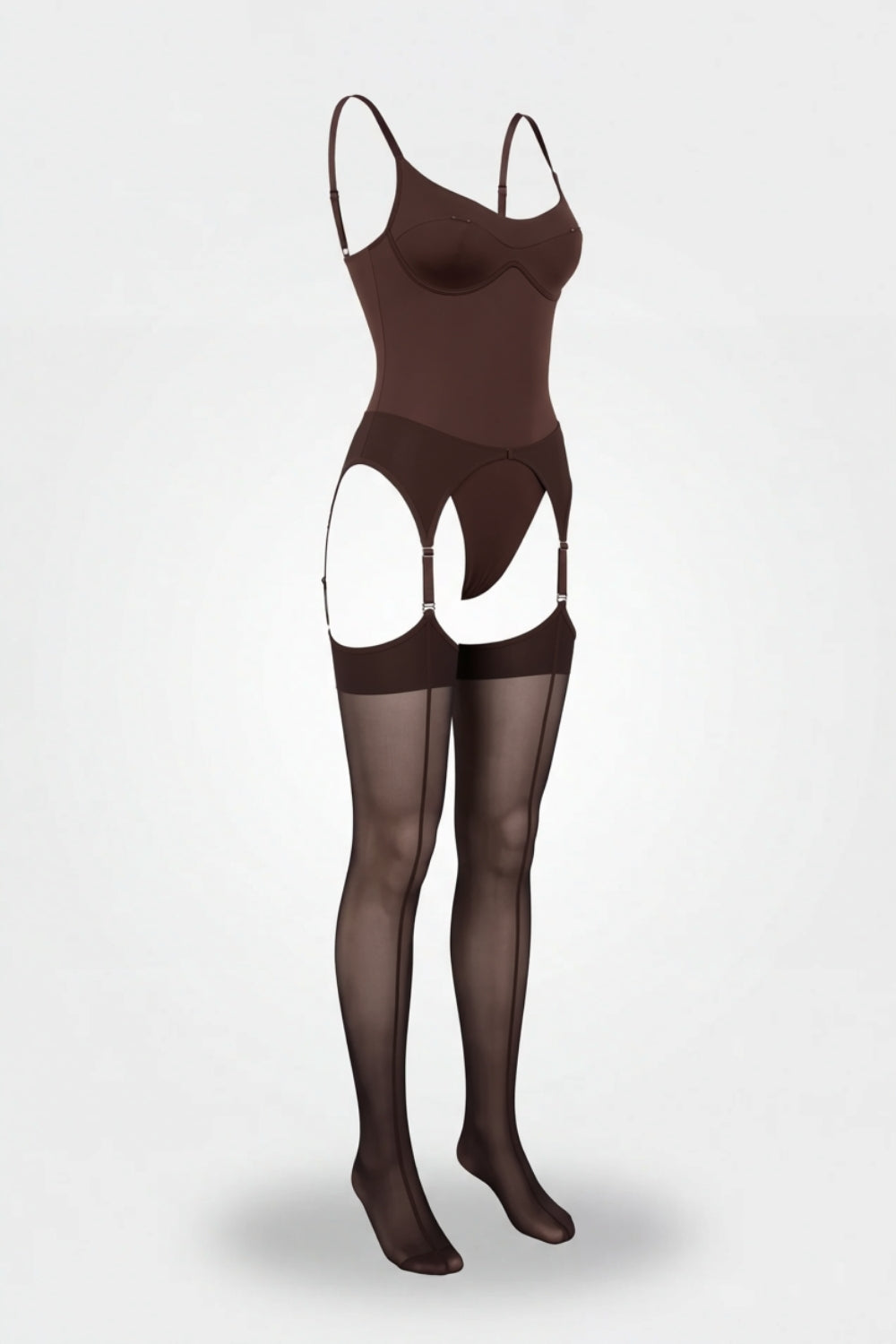 Satin-look mesh with garter straps bodysuit set in brown