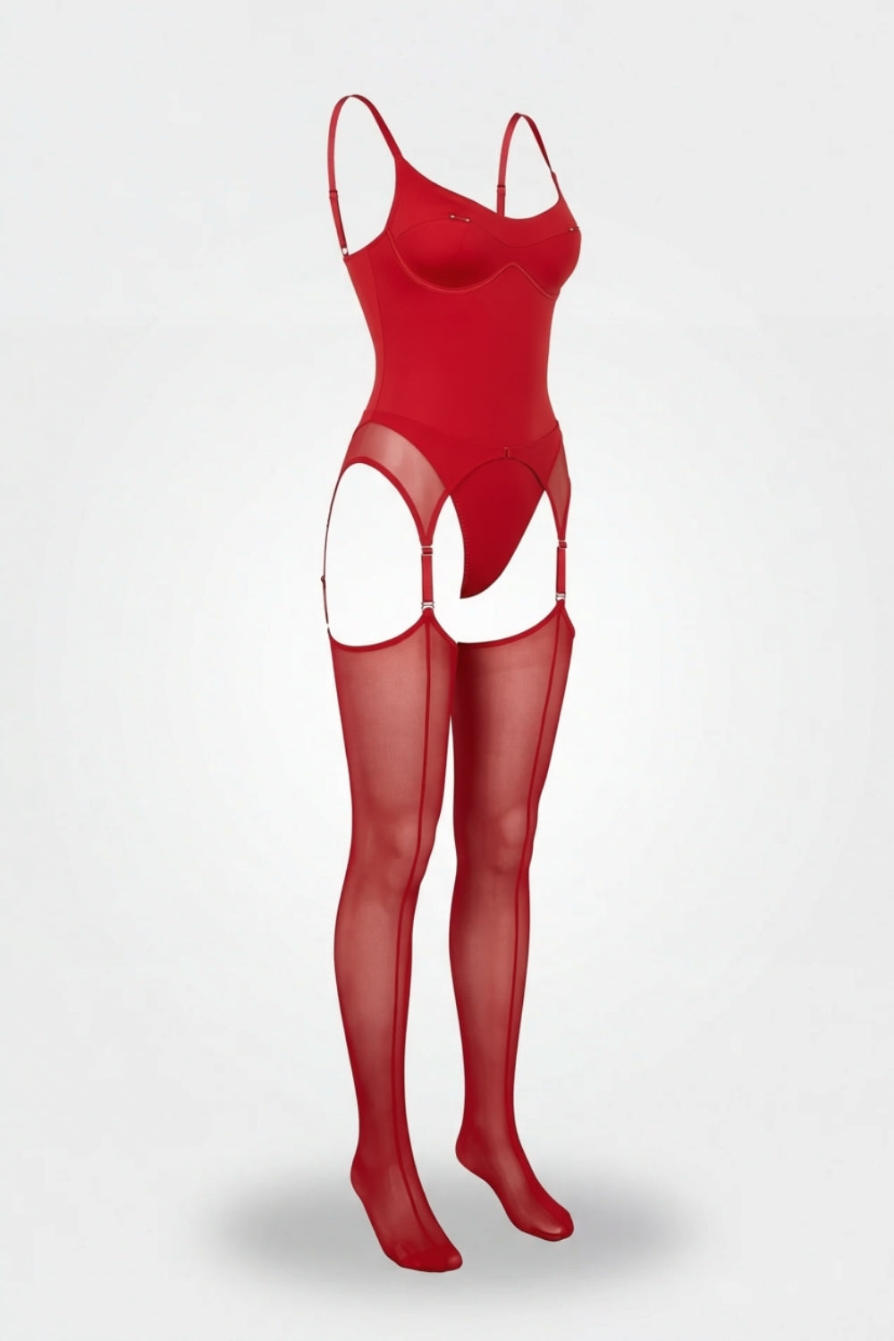 Satin-look mesh with garter straps bodysuit set in red