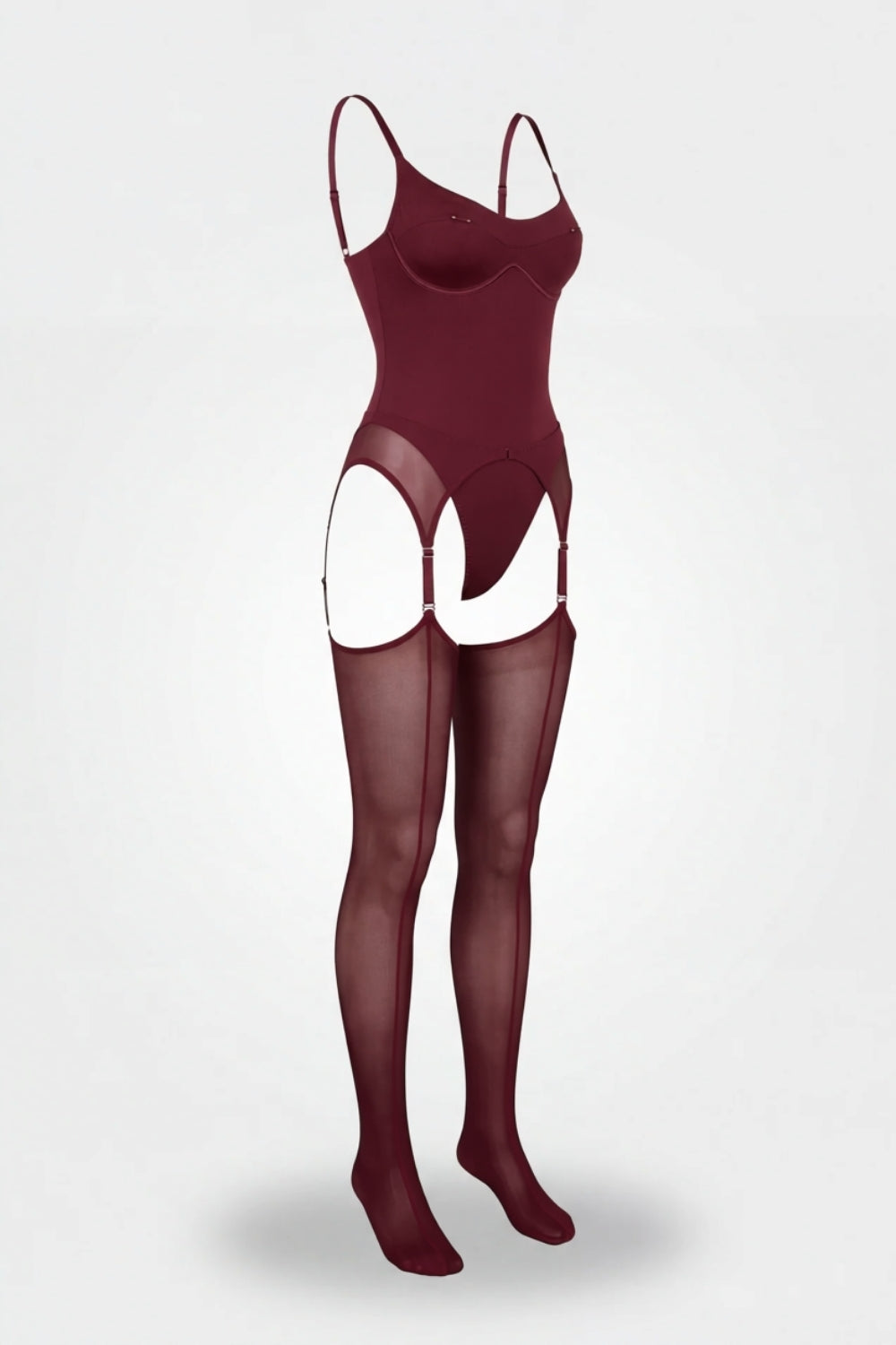 Satin-look mesh with garter straps bodysuit set in wine red
