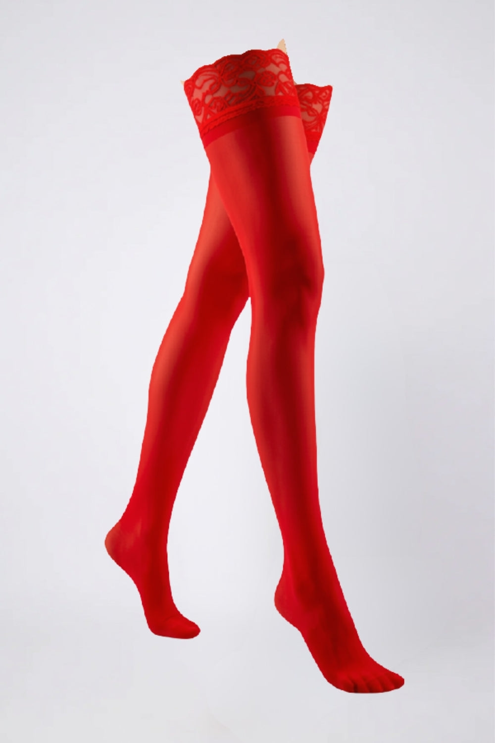 sheer lace-top thigh-high stockings in red
