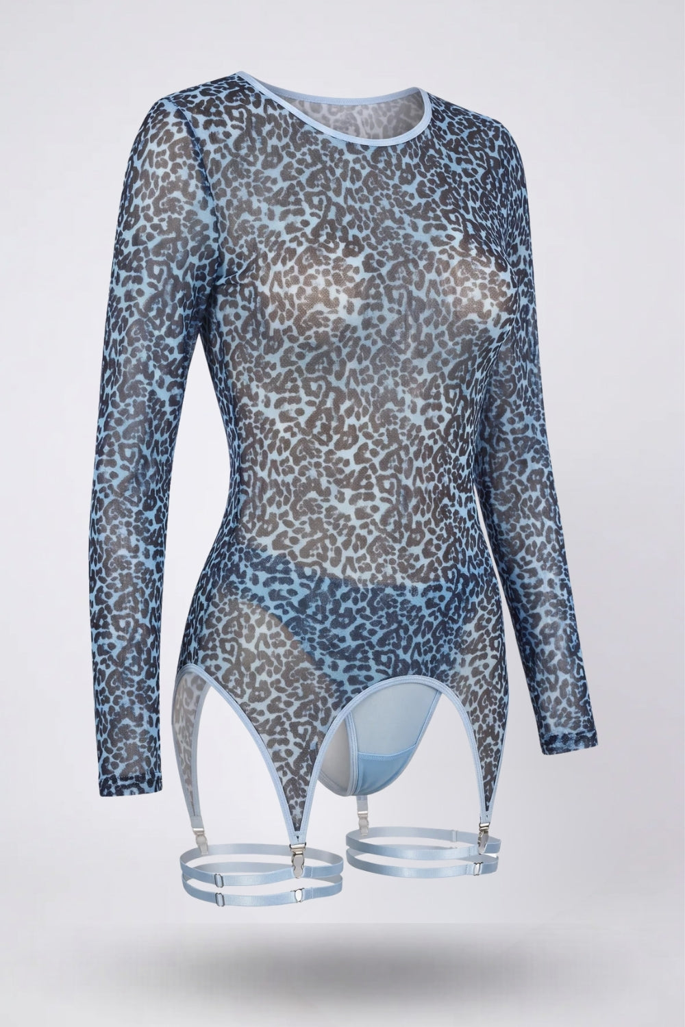 Sheer leopard print garter bodystocking in blue