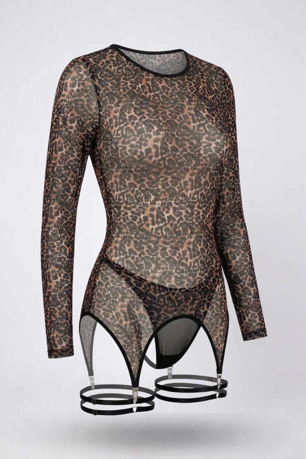 Sheer leopard print garter bodystocking in brown