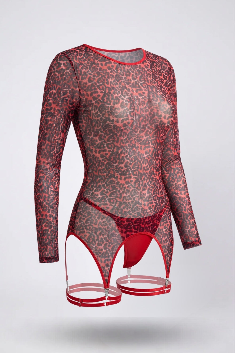 Sheer leopard print garter bodystocking in red