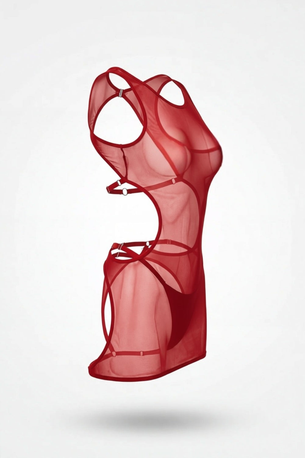 Sheer mesh open-back bodystocking in red