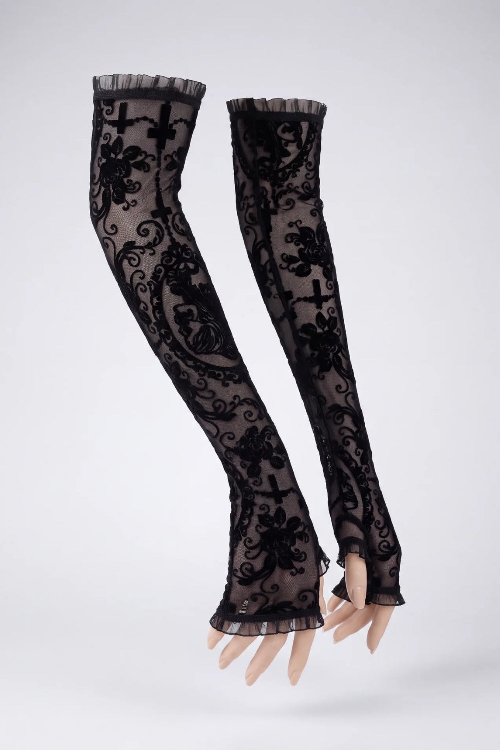 Sheer ornate fingerless gloves in black #Color_Black