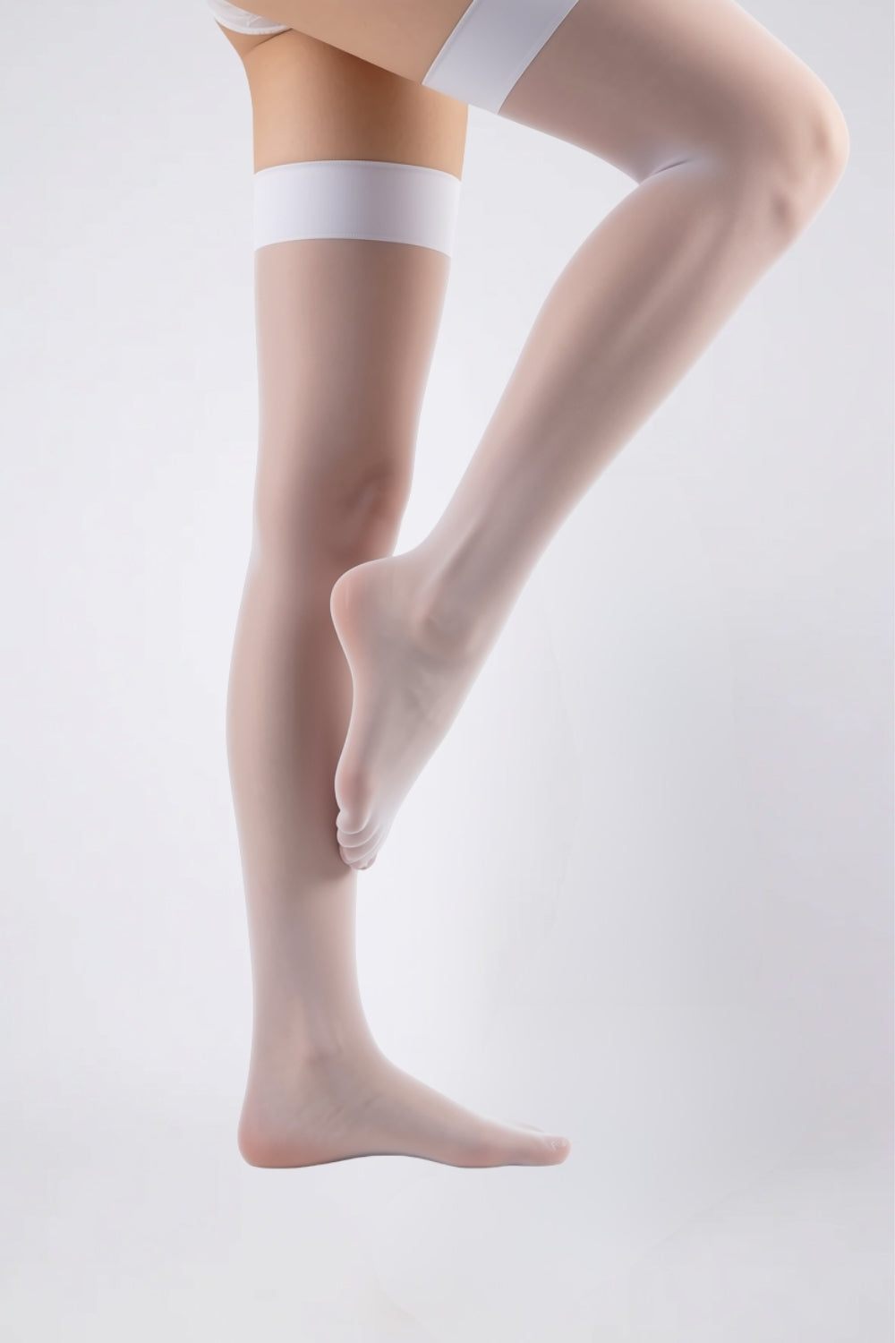 Model wearing sheer silky finish thigh-high stockings in white, alternate view