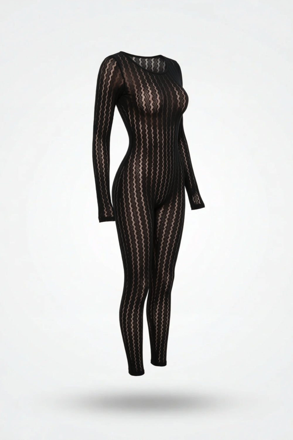 Sheer wavy knit full bodystocking in black