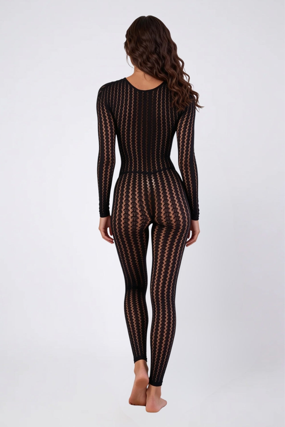 Model wearing sheer wavy knit full bodystocking in black, alternate view