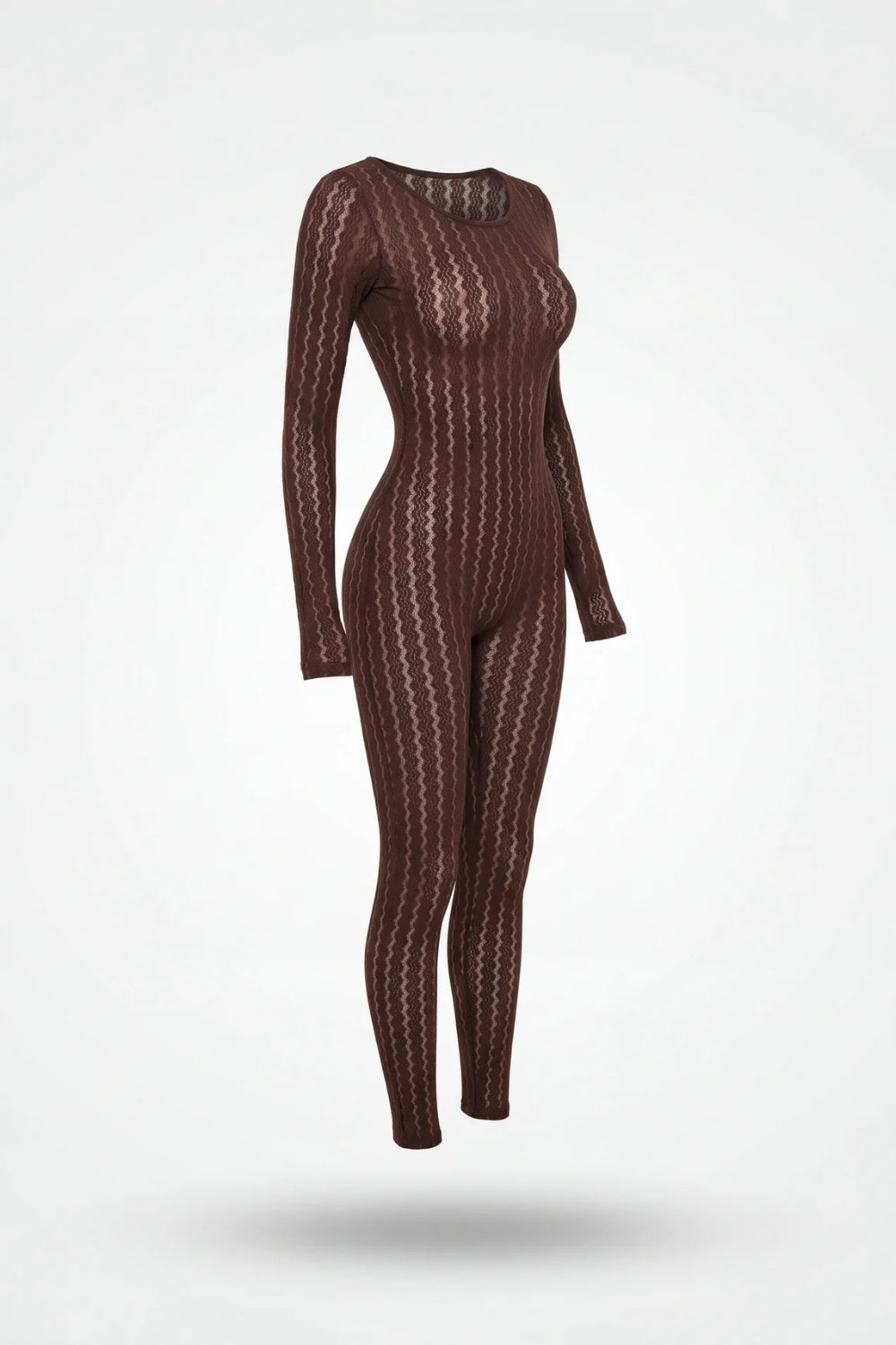 Sheer wavy knit full bodystocking in brown