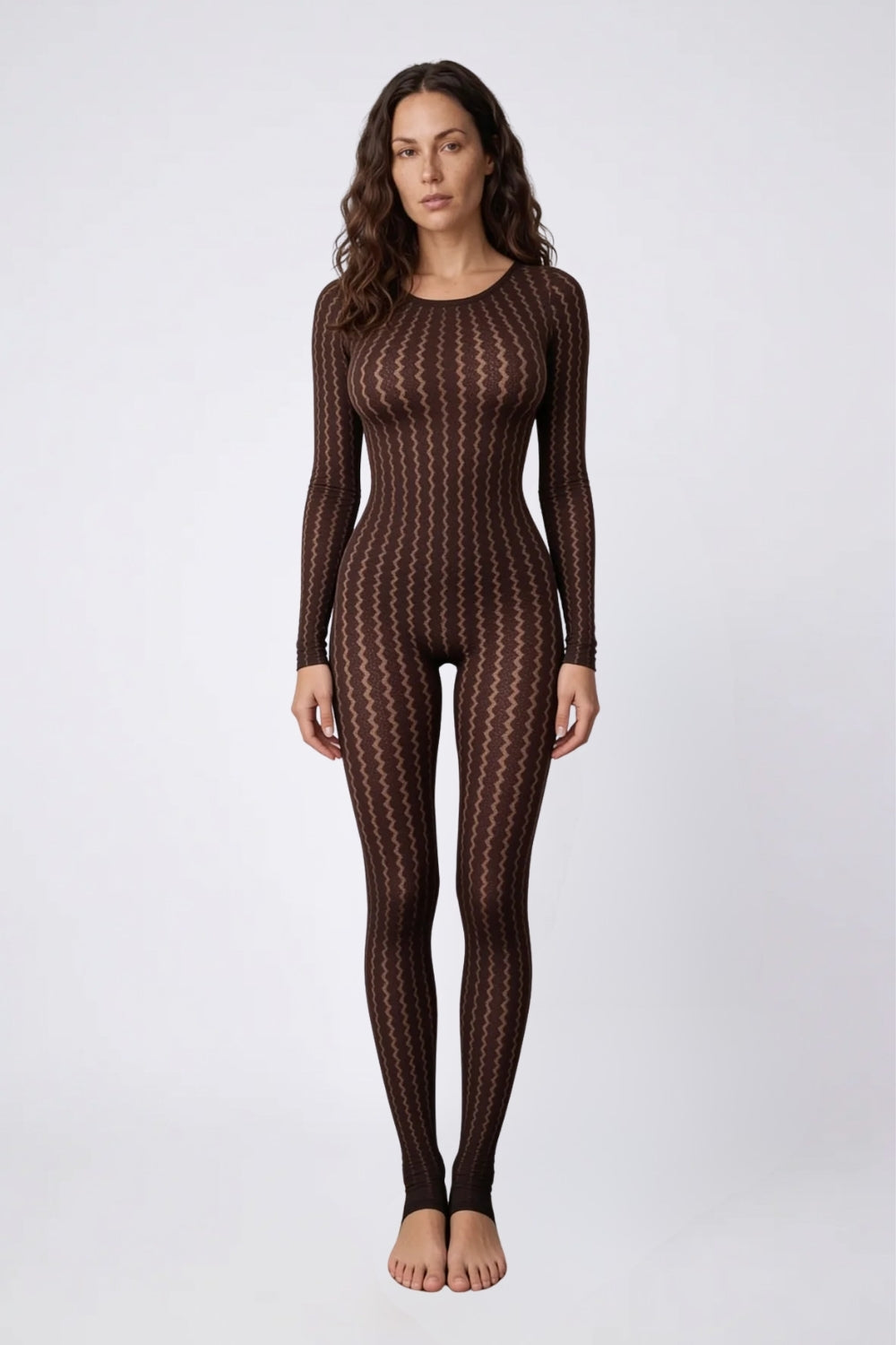 Model wearing sheer wavy knit full bodystocking in brown