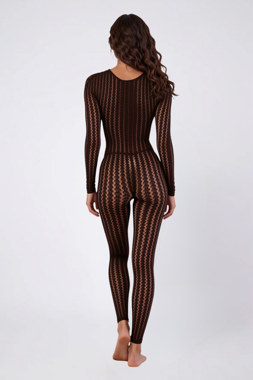 Model wearing sheer wavy knit full bodystocking in brown, alternate view