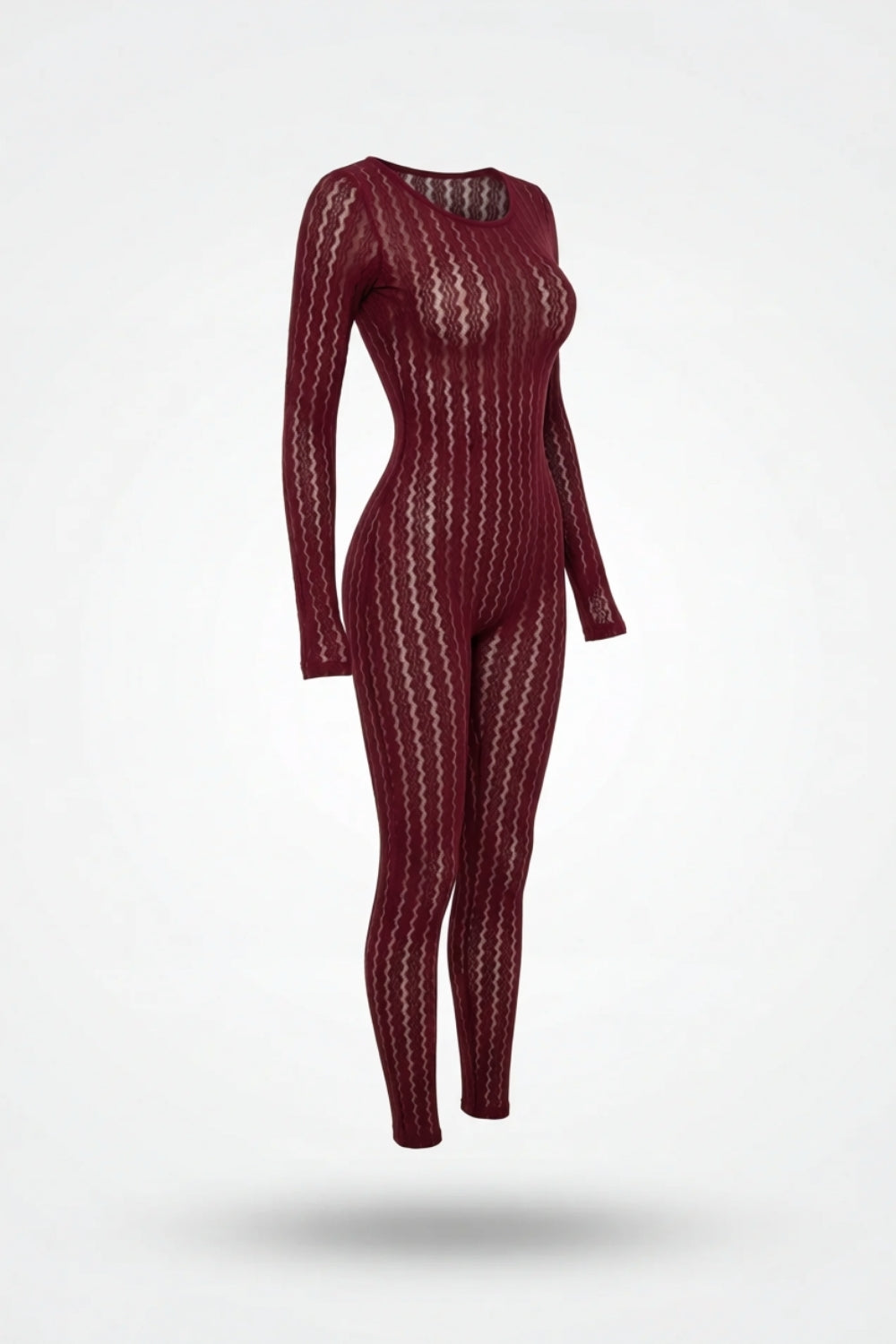 Sheer wavy knit full bodystocking in burgundy