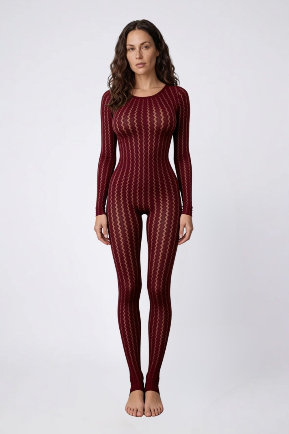 Model wearing sheer wavy knit full bodystocking in burgundy