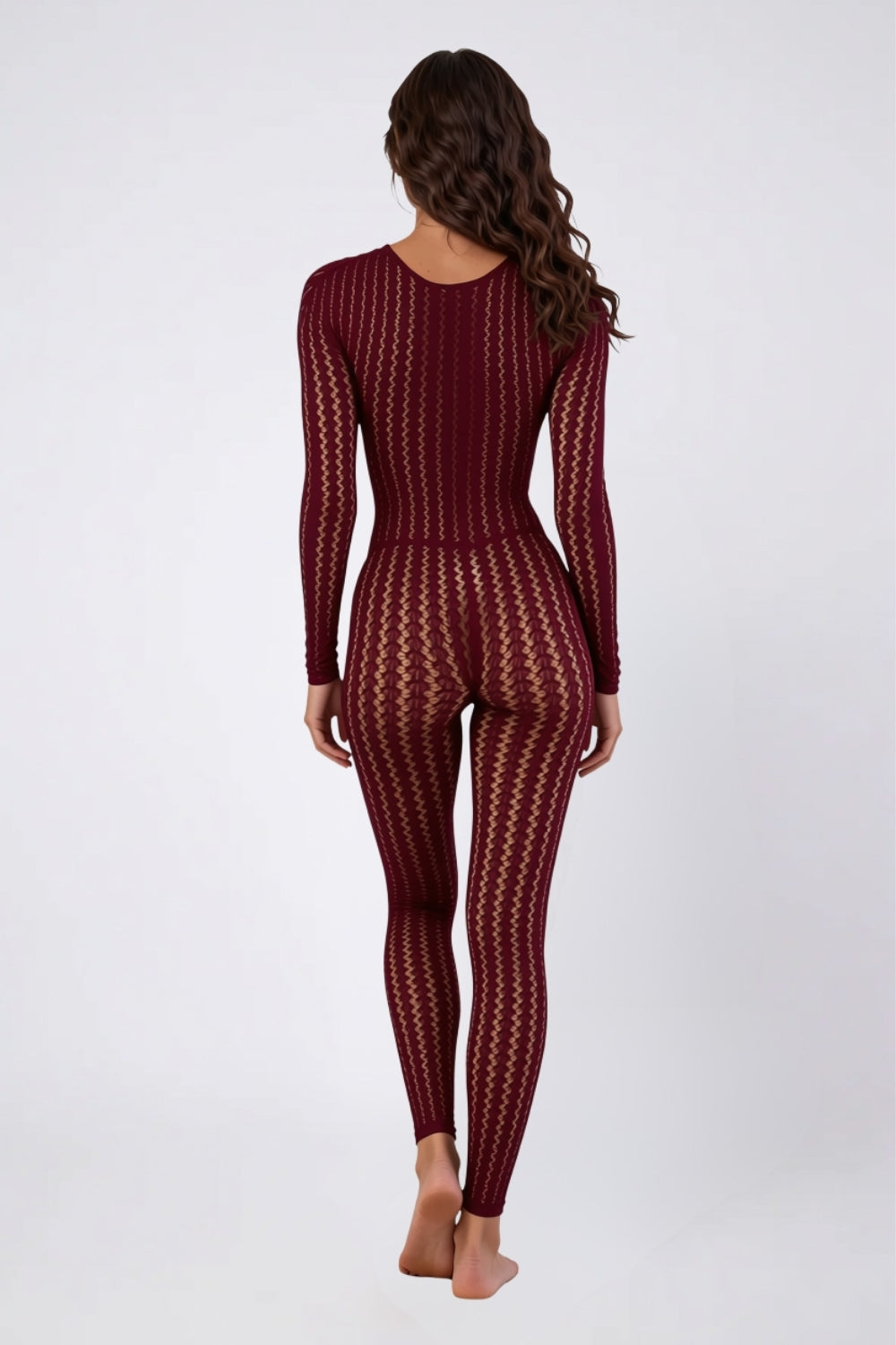 Model wearing sheer wavy knit full bodystocking in burgundy, alternate view