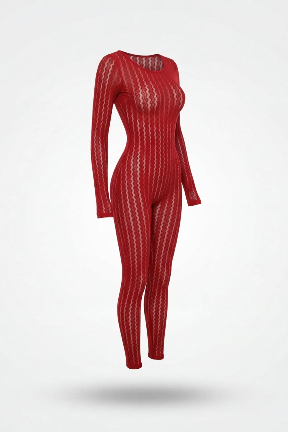 Sheer wavy knit full bodystocking in red