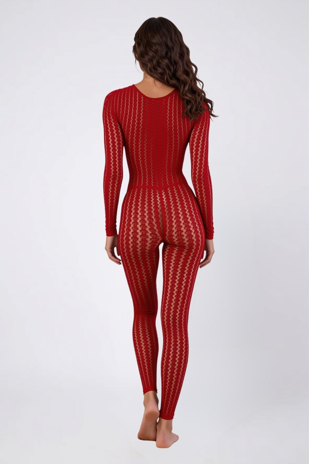 Model wearing sheer wavy knit full bodystocking in red, alternate view