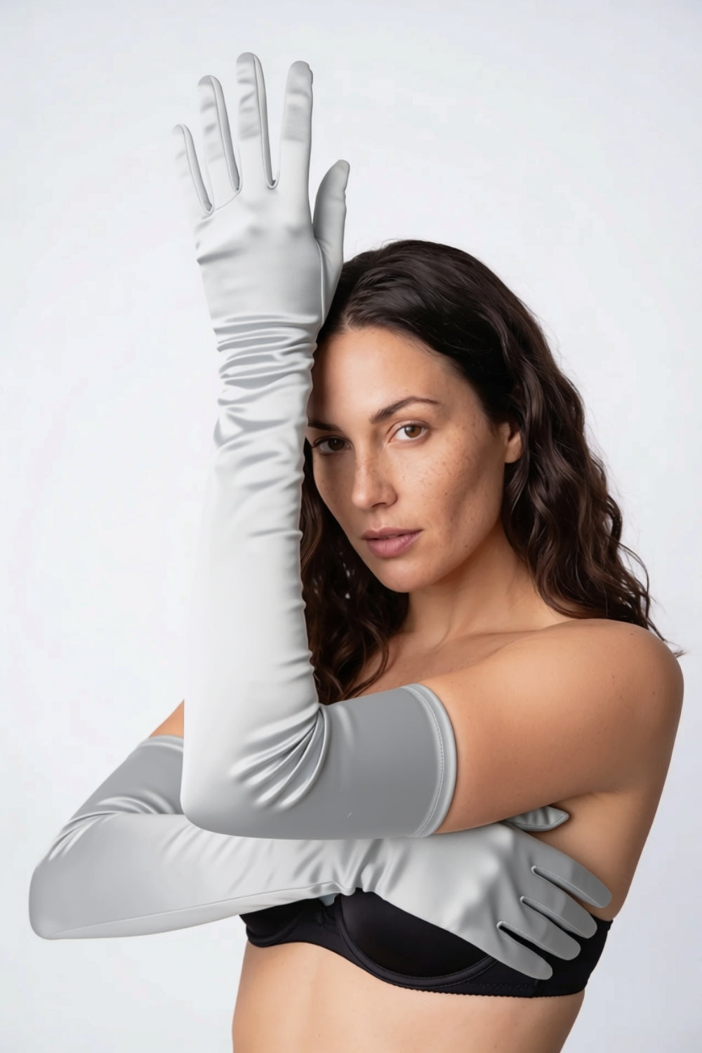 Model wearing silky opera length gloves in grey, alternate view