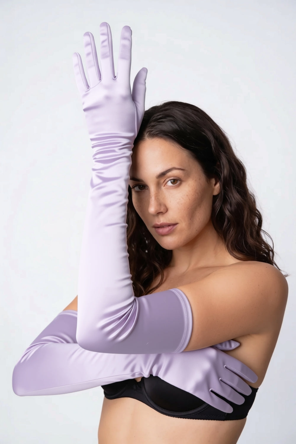 Model wearing silky opera length gloves in purple, alternate view