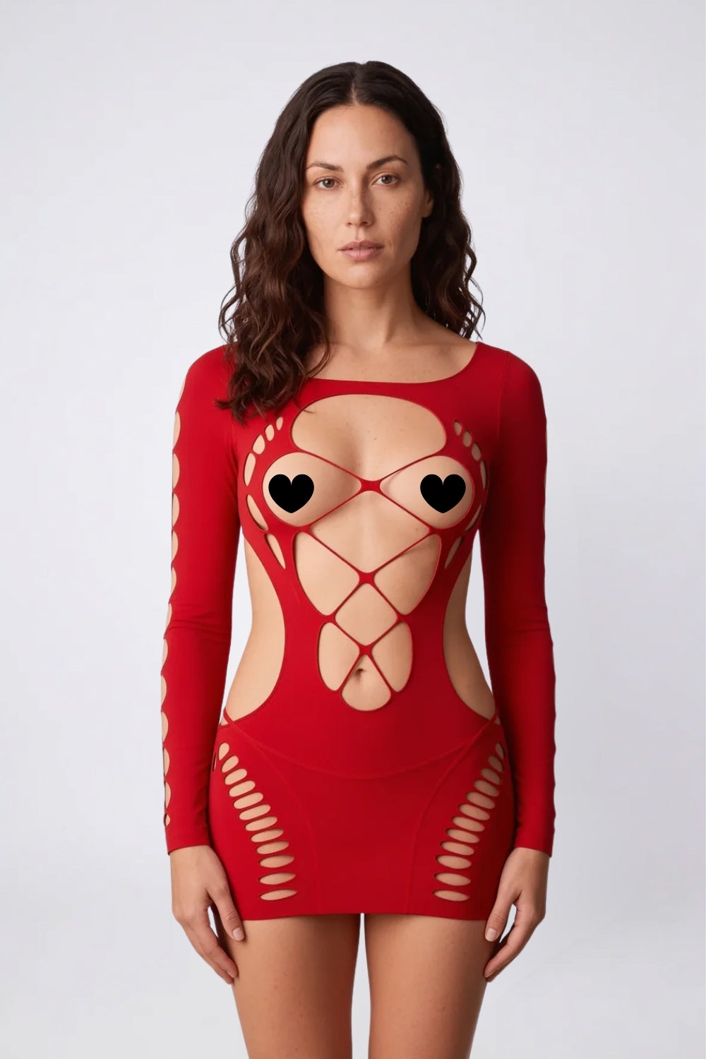 Model wearing strappy cutout detail bodystocking in red