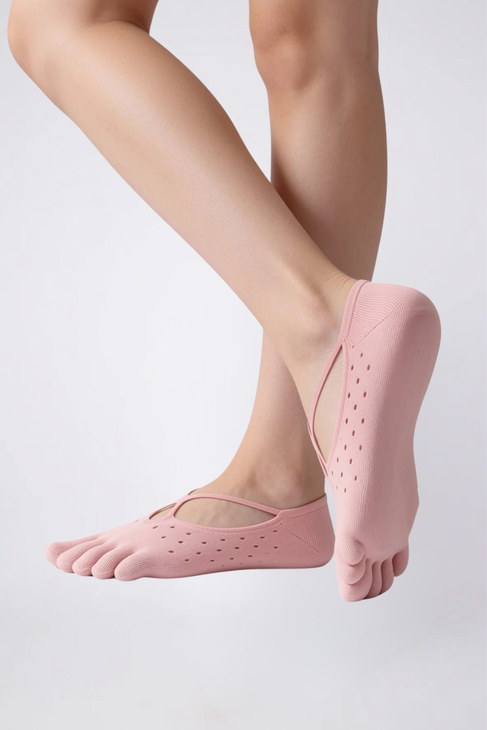 Model wearing strappy five-toe no-show stockings in pink, alternate view