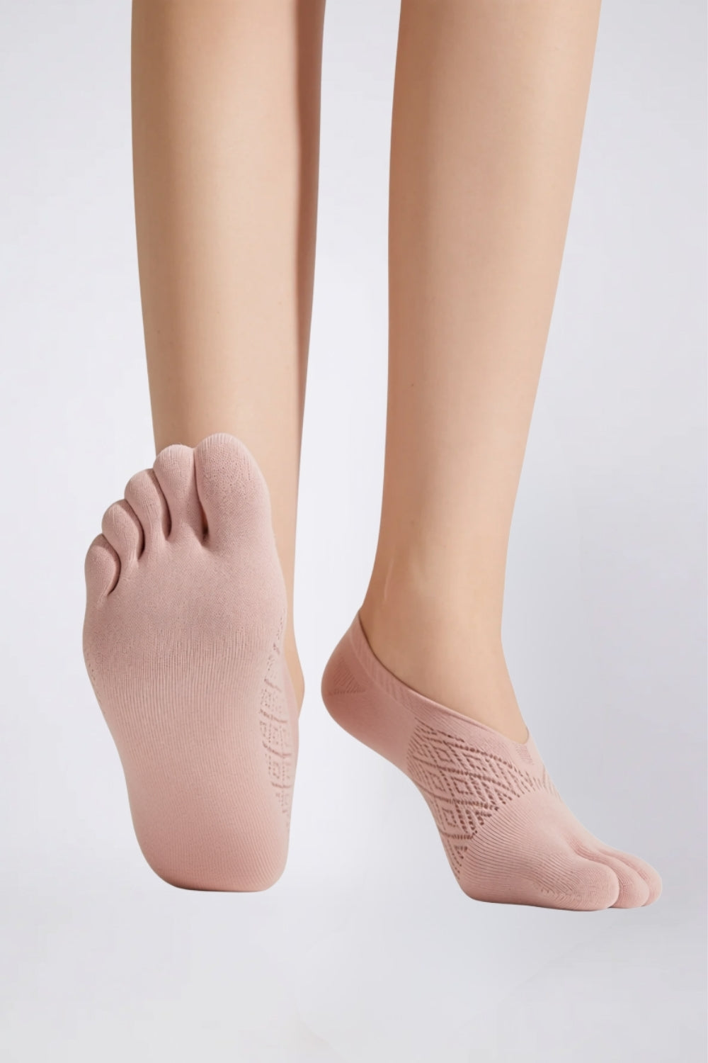 Model wearing toe design no-show stockings in pink, alternate view